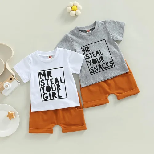 Miniatura 17 de Conjunto de ropa de verano para niños pequeños, 2 piezas, camiseta de manga corta con cintura elástica