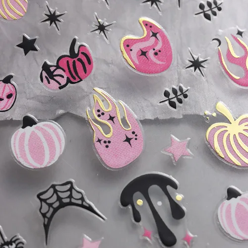 Miniatura 8 de 8 hojas de calcomanías de uñas de Halloween con diseños de fantasmas lindos, calabaza, araña, telaraña, sangre, llama 3D, autoadhesivas, Otoño
