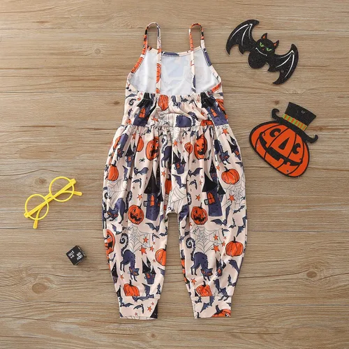 Miniatura 5 de Mameluco de verano para niñas pequeñas, con tirantes florales, pantalones de harén sueltos, pantalones de harén con bolsillos, marrón (Brown A), 3-4T