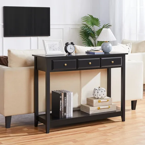 Miniatura 4 de Topeakmart Mesa consola con estante de almacenamiento y 3 cajones, mesa de sofá de 2 niveles para entrada/pasillo/sala de estar, material de madera