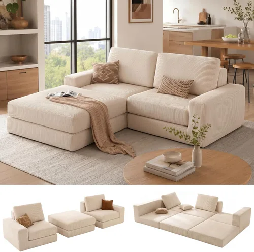 Miniatura 11 de Sofá seccional modular, 120.47" Sofá seccional moderno en forma de nube con chaise en L, cómodo sofá mullido de corduroy con asiento profundo, sofás