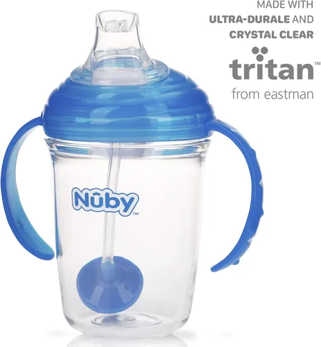 Miniatura 5 de Nuby 360 Grip N' Sip - Vaso Tritan, 8 onzas, popote con peso con cubierta higiénica, color azul