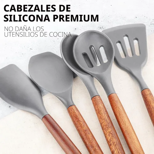 Miniatura 9 de Zulay Kitchen Juego de utensilios de cocina de silicona antiadherente con auténticas asas de madera de acacia, juego de utensilios de cocina de 5