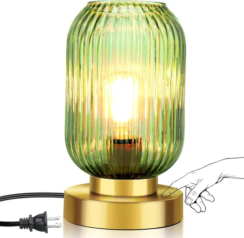 Lámpara de mesa moderna de mediados de siglo, control táctil y regulable de 3 vías, pantalla de vidrio acanalado verde, dorado pequeño, lámpara de