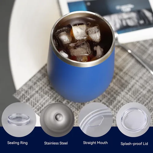 Miniatura 3 de DOMICARE - Juego de 4 vasos de vino de 12 onzas con tapa, hechos de acero inoxidable con aislamiento al vacío de doble pared, color azul oscuro