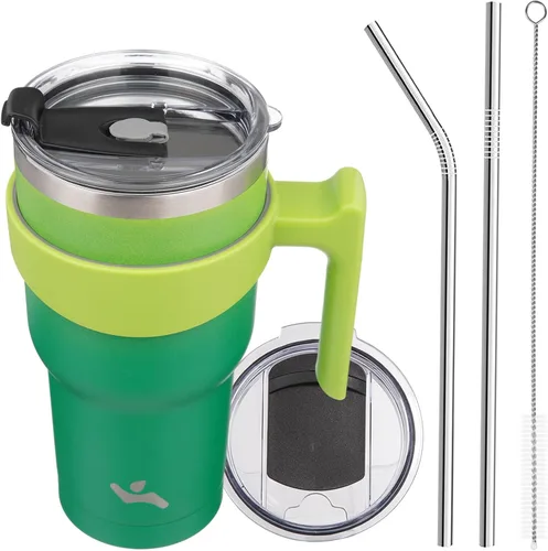 Miniatura 43 de Konokyo - Vaso de 10 onzas con asa y 2 popotes, 2 tapas, botella de agua aislada de acero inoxidable, taza de viaje reutilizable, color verde militar