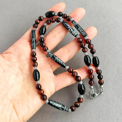 Miniatura 6 de Mami's Gem Studio Collar de estilo tribal para hombre, cuentas con hueso tallado, ónix negro y piedras preciosas, hecho a mano en Estados Unidos