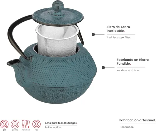 Miniatura 2 de IBILI Tetera Azul de hierro fundido de 40 onzas, fabricada en España, diseño floral, infusor de acero inoxidable, interior esmaltado, compatible