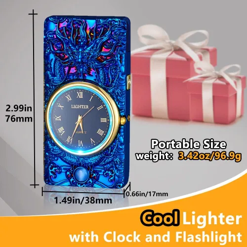 Miniatura 5 de Encendedor de dragón, encendedor de reloj, encendedor eléctrico a prueba de viento de plasma de doble arco, encendedor USB recargable con indicación