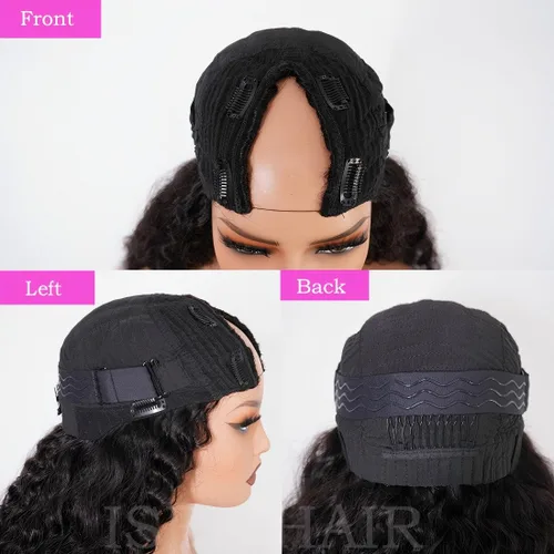 Miniatura 4 de ISEE Peluca de 18 pulgadas con parte en V con ondas de agua, cabello humano, sin dejar fuera, pelucas brasileñas sin pegamento con parte en U