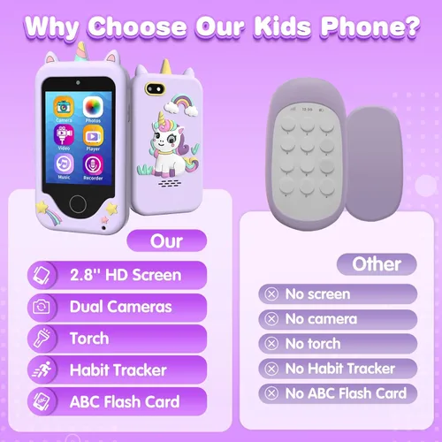 Miniatura 6 de Teléfonos de juguete para niños para niñas de 3, 4, 5, 6, 7, 8 años, teléfono táctil para niños pequeños con cámara, reproductor de música MP3