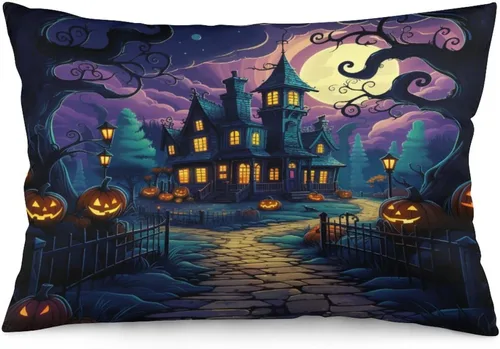 Miniatura 7 de Fundas de almohada frescas de casa embrujada, castillo, luna, bosque medieval, calabaza, fundas de almohada rectangulares con cremallera invisible
