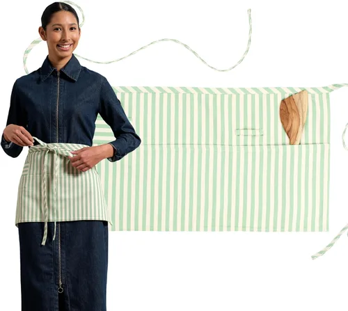 Miniatura 15 de MEEMA Delantal de cintura de chef de tela de algodón, lavable y transpirable, medio delantal para mujer con bolsillos y correas largas