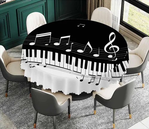Miniatura 3 de IBILIU Mantel redondo de música, teclas de piano, notas musicales, color blanco y negro, resistente al agua, de poliéster, mantel decorativo