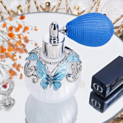 Miniatura 3 de YU FENG Botella de perfume de vidrio con atomizador de spray + bulbo de presión + embudo, patrón de mariposa pintado a mano, atomizador de cristal N1