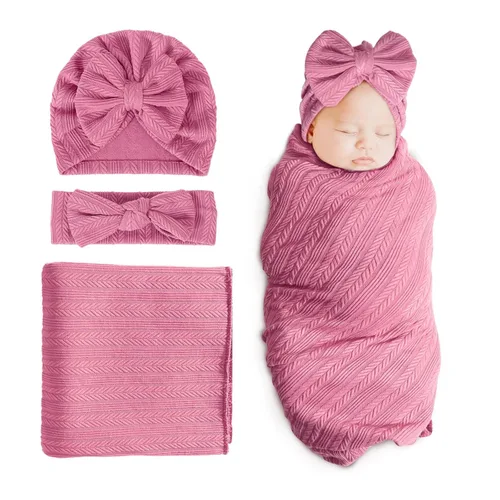 Miniatura 17 de DRESHOW BQUBO Manta de recepción para recién nacido, cálida para niñas con sombrero de lazo y diadema de lazo, regalo para baby shower 1 juego