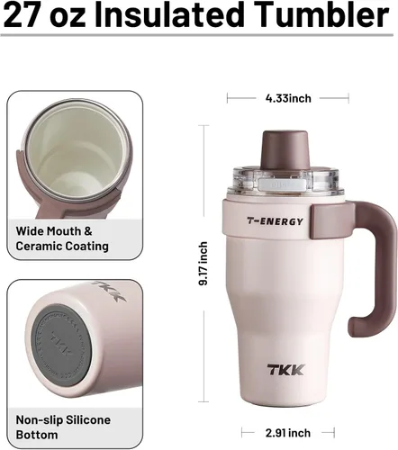 Miniatura 6 de TKK Vaso de 27 onzas con asa y popote, botella aislada con revestimiento de cerámica, taza de viaje 100% a prueba de fugas para agua, té helado