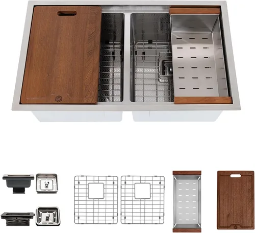 Miniatura 14 de Strictly Sinks - Fregadero de cocina dorado de 32 pulgadas, resistente a arañazos y manchas, rejilla inferior de doble tazón de calibre 16, tabla