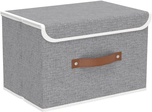 Miniatura 18 de Yawinhe SNK024BEN-1 Cajas de almacenamiento plegables, cestas apilables de tela de lino, contenedor con tapa y asa de cuero, lavable, para el hogar