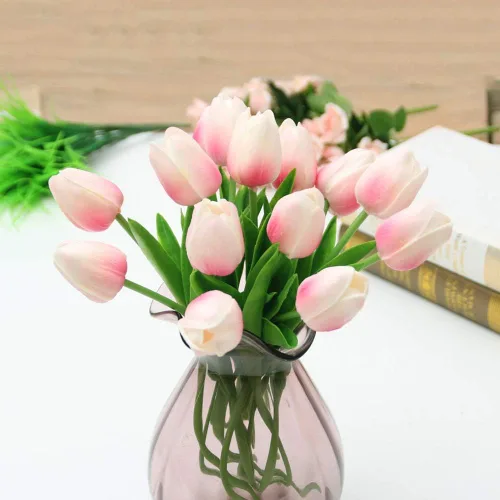 Miniatura 6 de IPOPU 24 piezas de tulipanes rosados artificiales, tulipos rosados claros artificiales, flores falsas para arreglos de flores de tulipán, decoración