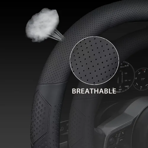 Miniatura 3 de Funda de volante de cuero Yangday para Ford F150 F250 F350, 15.5-16 pulgadas, funda de volante para coche con antideslizante y transpirable (Negro)