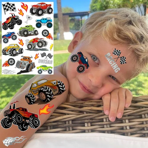 Miniatura 3 de Más de 61 piezas de tatuajes temporales de camión monstruo para niños y niñas, con purpurina brillante plateada metálica, calcomanías falsas
