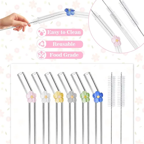 Miniatura 4 de 6 popotes de vidrio cortos doblados reutilizables con 2 cepillos de limpieza, 0.236 x 0.394 in, lindo popote de vidrio resistente a roturas, apto