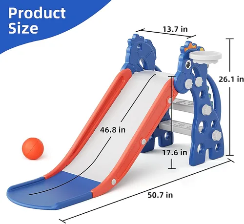 Miniatura 6 de GLAF Tobogán Interior para Niños Pequeños de 1-3 Años, Tobogán para Bebés Exterior, Conjunto de Juegos con Aro de Baloncesto y Pelota, Toboganes Azul