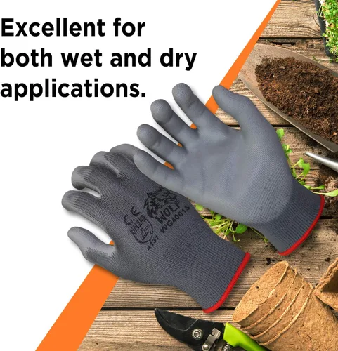 Miniatura 3 de WOLF Guantes de trabajo con palma recubierta de poliuretano y carcasa de nylon, para construcción, mecánica, almacén, trabajo de jardinería, trabajo