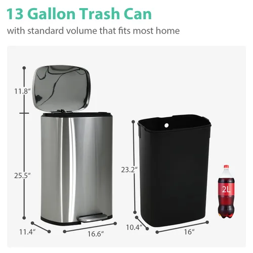 Miniatura 6 de MKDLUFEI Bote de basura de 13 galones de alto, cubo de basura para cocina con pedal y cubo interior, a prueba de huellas dactilares, bote de basura
