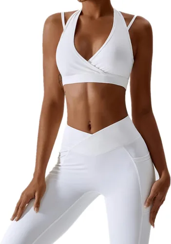 ABOCIW Conjuntos de entrenamiento para mujer, cuello en V, brasier deportivo, leggings de alta espera con bolsillo, gimnasio, yoga, trajes de 2