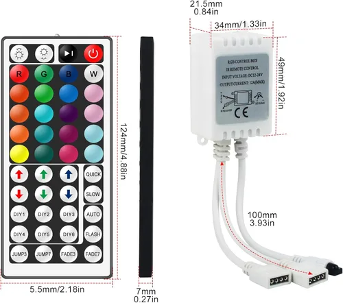 Miniatura 7 de RGBZONE Controlador LED RGB de 4 pines, controlador LED de bajo voltaje de 2 puertos, control remoto inalámbrico IR de 44 teclas, luces de tira LED