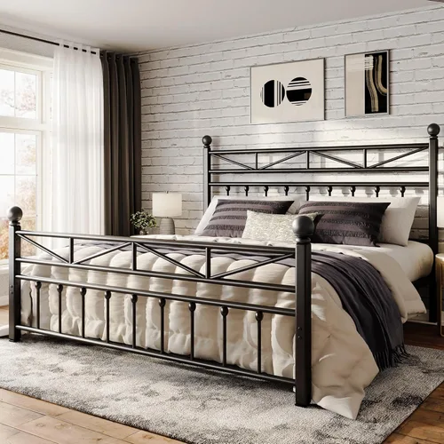 Miniatura 14 de EnHomee Base de cama de plataforma de metal tamaño Queen, cabecero alto de 54" y luces LED, cabecero y piecero vintage victoriano, almacenamiento