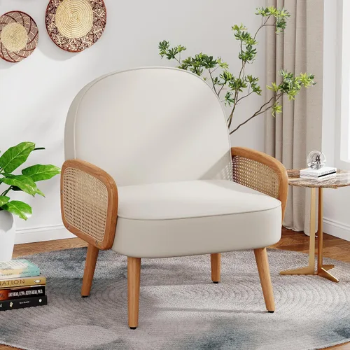 Aklaus Silla decorativa moderna de mediados de siglo con brazos de ratán, tapizada de ratán, silla bohemia para sala de estar, dormitorio, balcón,
