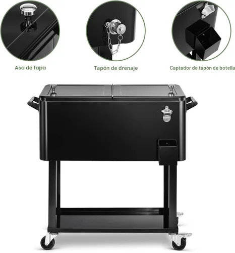 Miniatura 6 de Carrito de hielera rodante de 80 cuartos de galón, carro enfriador para patio, bar de bebidas para fiestas en el patio trasero, con soporte de Negro