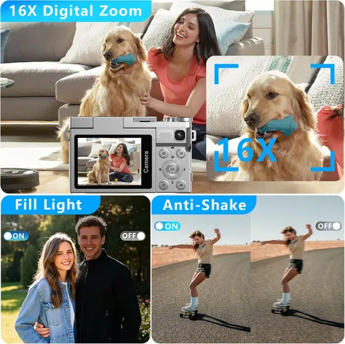 Miniatura 5 de Cámara digital 4K para fotografía con doble lente, cámara de enfoque automático de 64 MP para YouTube, pantalla abatible de 180° Cámara compacta
