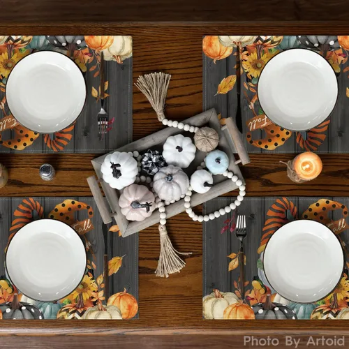 Miniatura 3 de Artoid Mode Juego de 4 manteles individuales de otoño con diseño de calabazas de gnomos, 12 x 18 pulgadas, manteles individuales de temporada