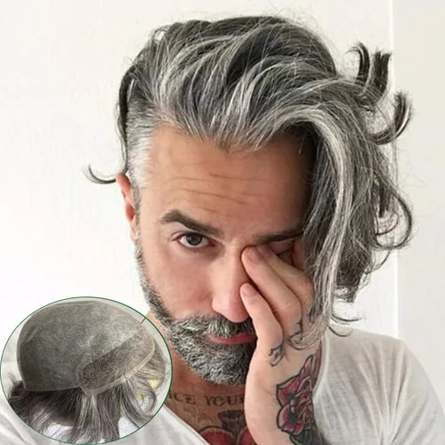 Miniatura 11 de Voloria Toupee para hombres 100% cabello humano europeo suizo frente encaje frontal natural piezas de cabello 0.003 in piel fina PU V-looped sistema