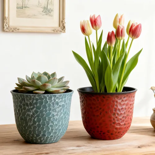 Miniatura 9 de Worth Juego de 6 macetas redondas de plástico para jardín de 8 pulgadas para plantas de interior, macetas de resina para exteriores, coloridas