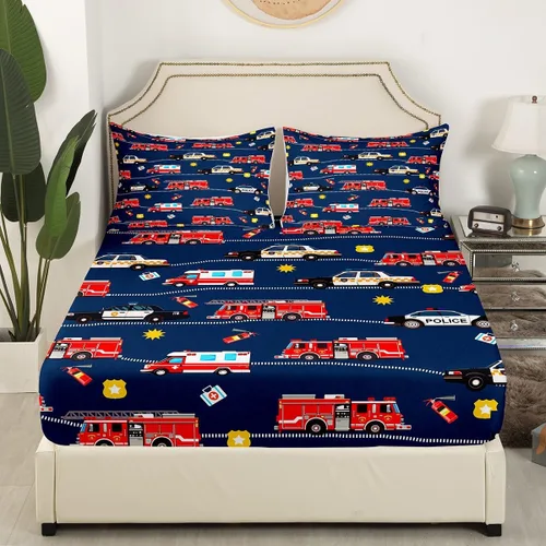 Miniatura 4 de Juego de sábanas para cama de coche de bomberos, juego de sábanas de coche de policía con bolsillo profundo, sábana bajera ajustable para decoración
