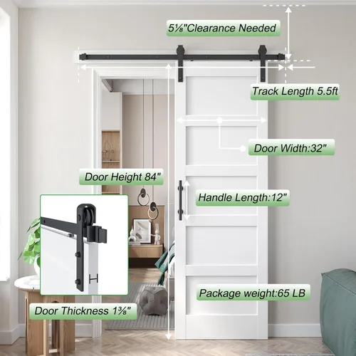 Miniatura 7 de Fredbeck - Puerta de granero blanca de 32x84 pulgadas con kit de herrajes para puerta corrediza de 5.5 pies incluido y manija, sólida, MDF, Blanco