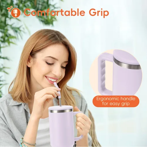 Miniatura 6 de VUSIGN Vaso de 40 onzas con asa y tapa con pajita, vaso de acero inoxidable con aislamiento al vacío, taza de viaje, botella de agua para agua, té