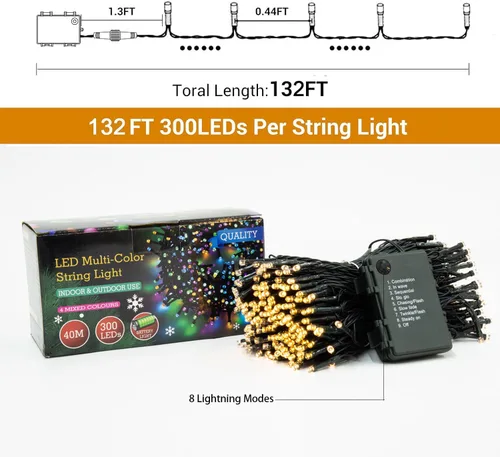 Miniatura 4 de Luces de Navidad operadas por batería - 132 pies, 300 LED, 8 modos, impermeables para interiores y exteriores, luces de hadas, tiras de luces