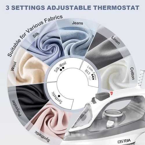 Miniatura 3 de OSTBA Plancha de vapor de 1600 W para ropa con suela antiadherente de calentamiento rápido, esfera de termostato precisa, autolimpieza, antical