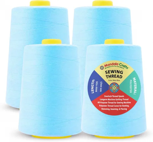 Mandala Crafts 4 Pack of Serger Threads Cones Spools - 20S/2 24000 Yards Polyester Baby Blue Threads for Sergers Machine and Overlock Quilting