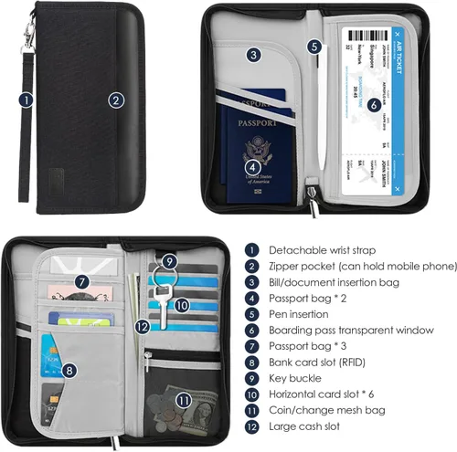 Miniatura 7 de Boonbery Cartera de pasaporte familiar con bloqueo RFID para 4-6 mujeres y hombres, organizador de documentos de viaje impermeable, funda