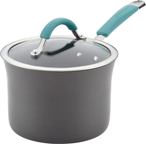 Miniatura 5 de Rachael Ray Cucina - Juego de ollas y sartenes antiadherentes anodizadas duras, 12 piezas, gris con asas azules y cacerola antiadherente anodizada