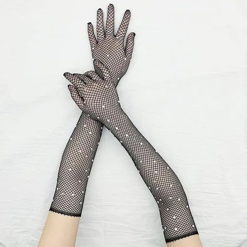 Miniatura 2 de Specell Womens Mesh Rhinestone Gloves Fishnet Sparkly Glitter Opera Highly Elastic Gloves Length 19" For Party Halloween Etc