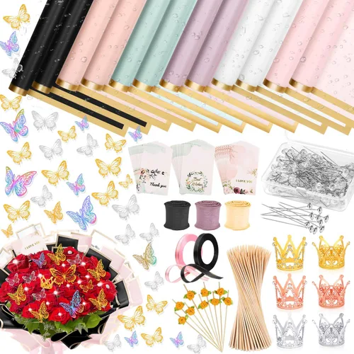 Miniatura 8 de Tetutor 206 Hojas de Papel de Envolver Flores Impermeable, Hojas de Papel de Envolver Ramos, Papeles de Envoltura Floral Ramos con Cintas Alfileres