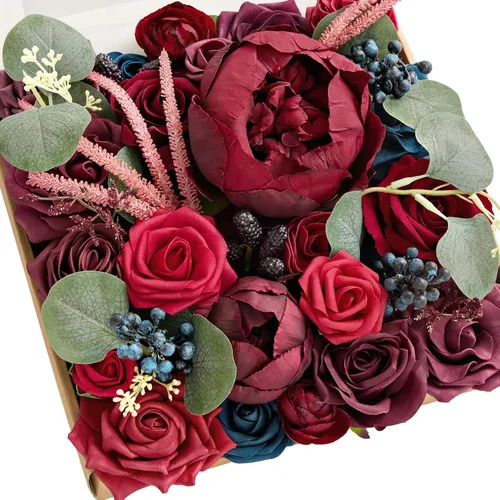Miniatura 16 de Ling's moment Caja de flores falsas, tallos de vegetación artificiales artificiales, rosas de espuma, peonías de seda de dalia, eucalipto, flor Rosa